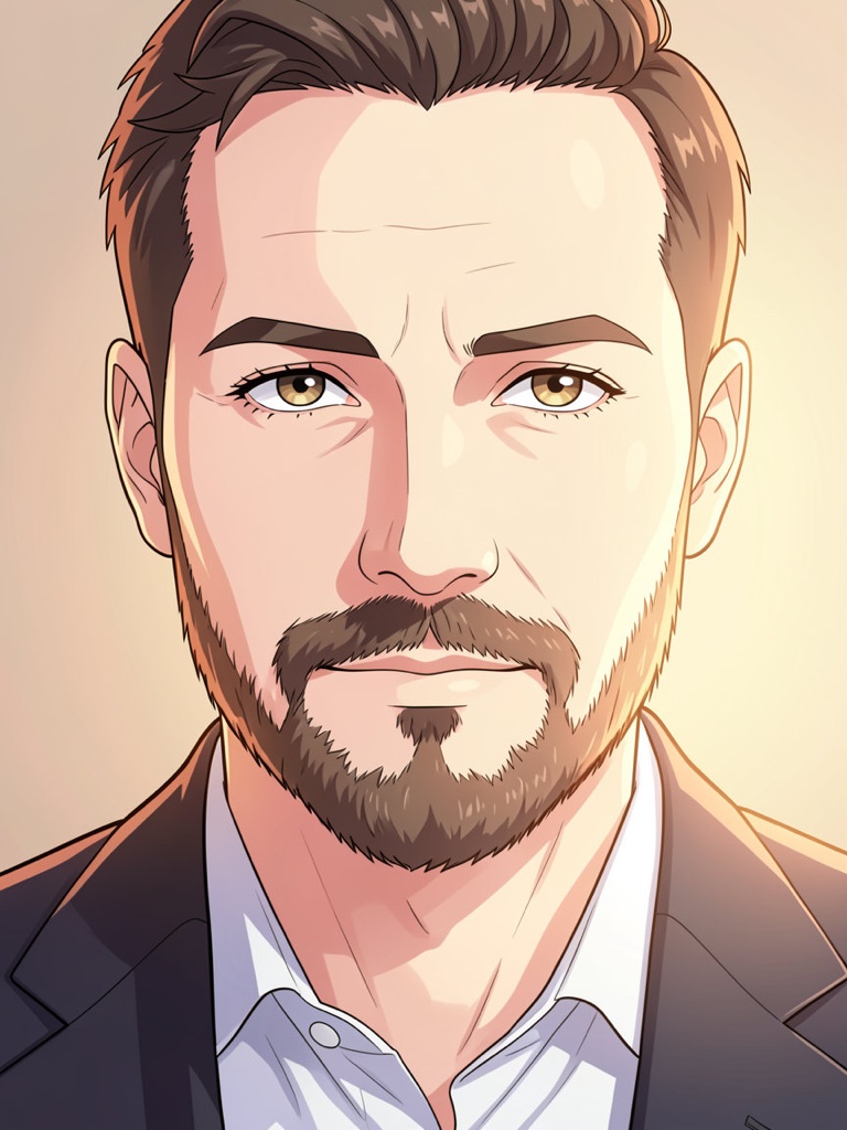 A studio portrait redrawn as anime art: clean line work, soft shading, warm rim light, still recognizably the same man