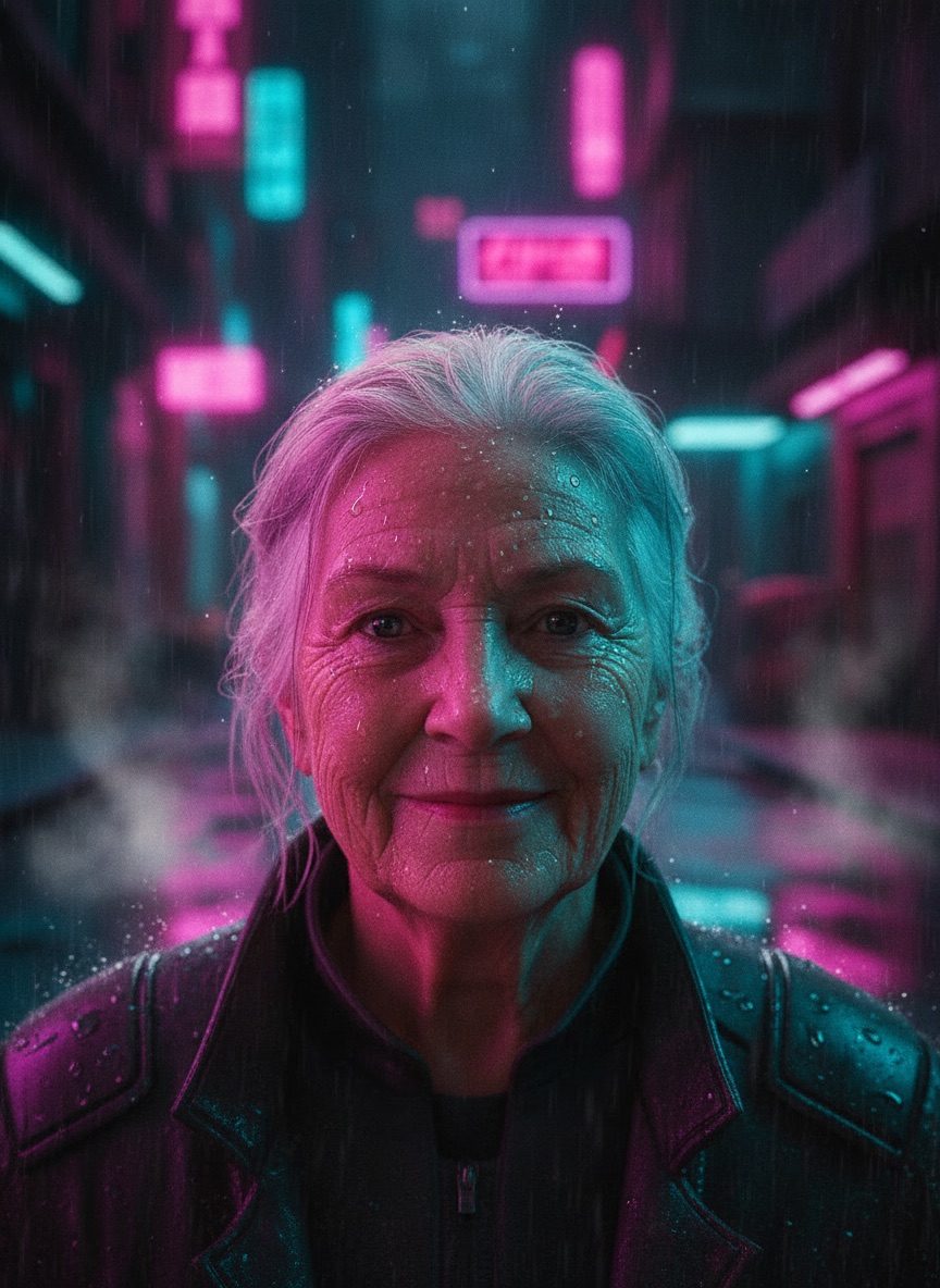 A selfie turned into a cyberpunk avatar: magenta and cyan rim light, rain-slick skin, dark alley behind
