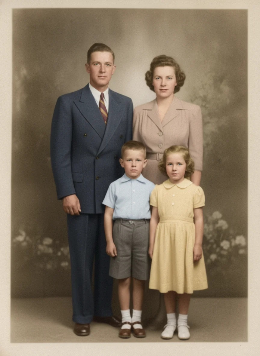 A creased, faded family print with the damage repaired — faces, expressions and composition left exactly as they were