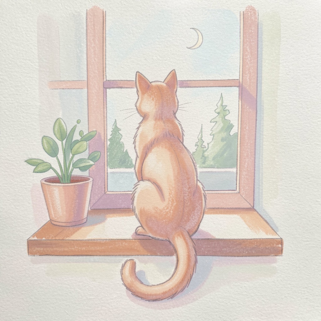 A rough line drawing of a cat finished in soft pastel on textured paper, keeping every element of the original sketch