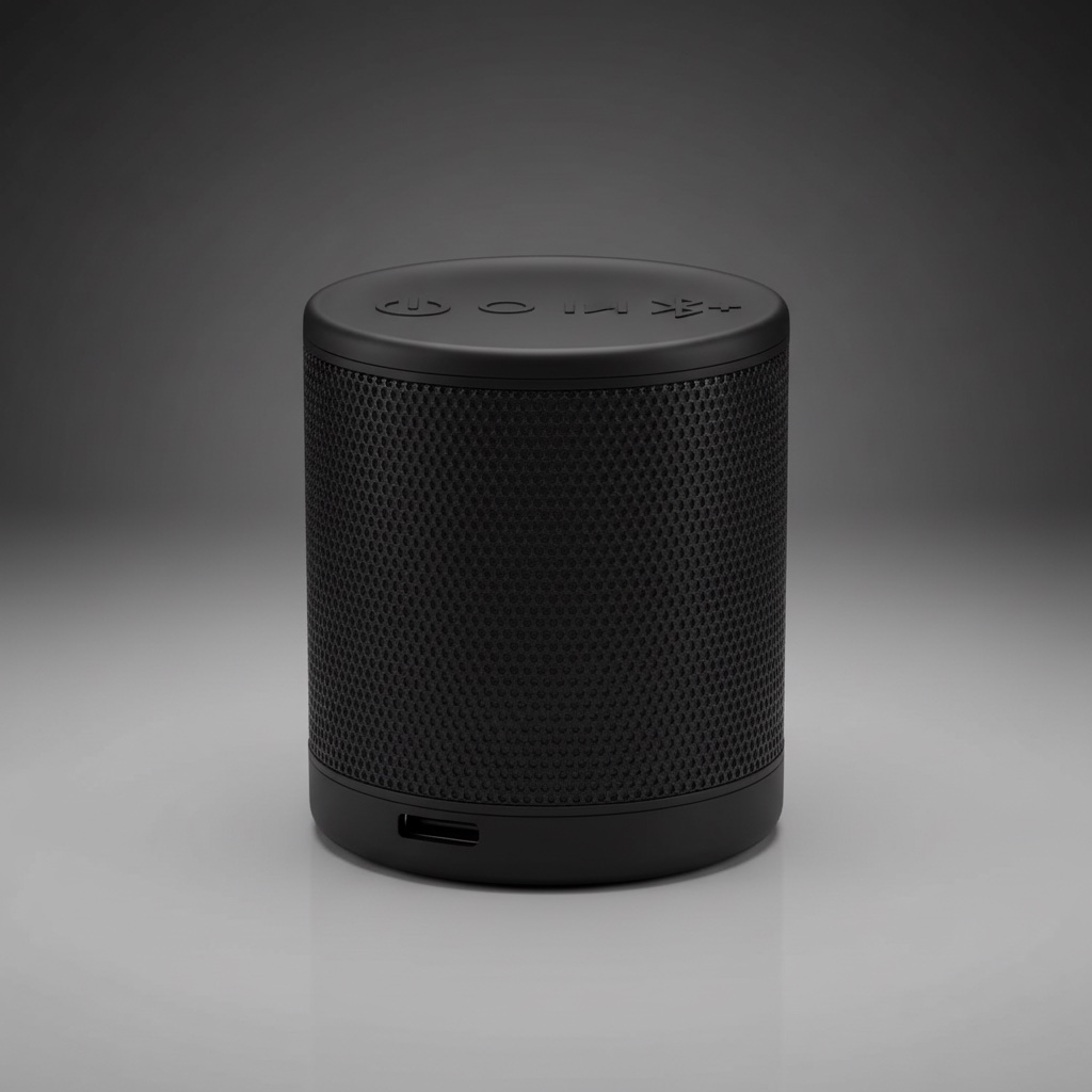 A rough pencil sketch turned into a product shot: matte black wireless speaker, soft gradient backdrop, subtle reflection