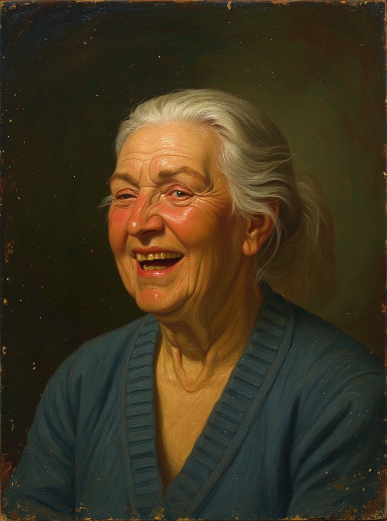 The laughing-portrait photo repainted as an oil painting: thick paint, visible brush strokes, warm Rembrandt lighting