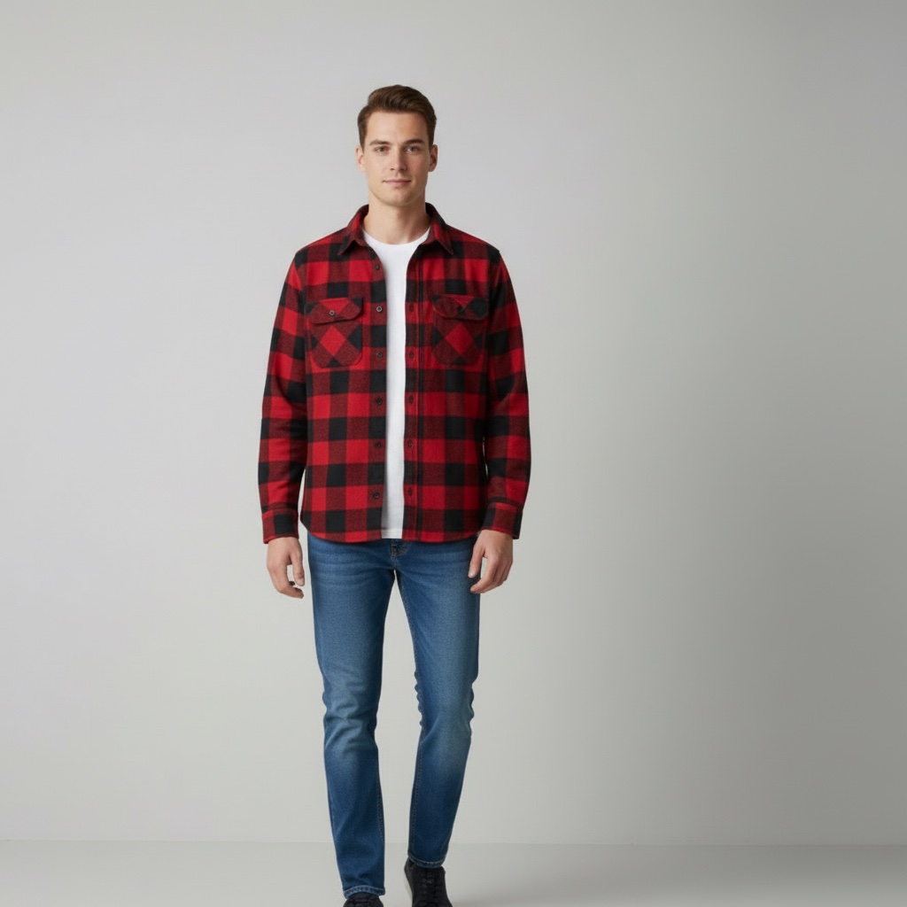 A red and black flannel shirt photographed flat, put onto a model photo with the pose and background untouched
