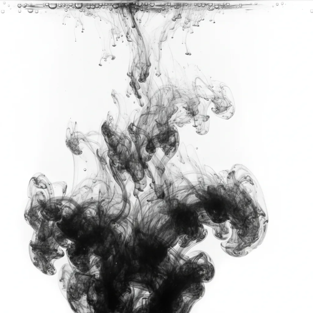 Black ink dispersing in water against white, high-speed capture, delicate tendrils, minimal composition