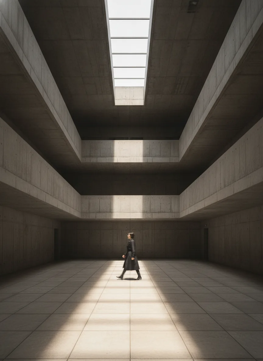 Brutalist concrete atrium with a single skylight, strong shadows, one person walking, architectural photography