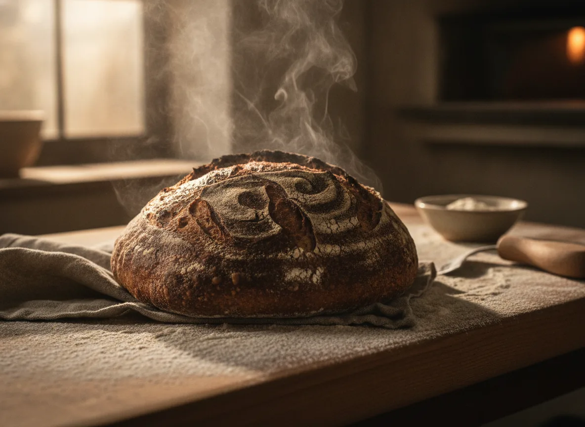 Rustic sourdough loaf just out of the oven on a floured bench, steam, scored crust, natural bakery light