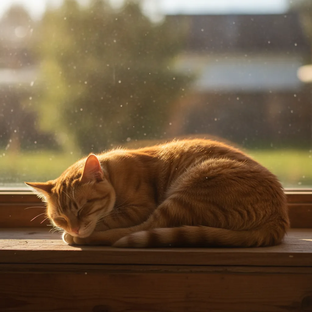 Ginger cat asleep on a sunlit windowsill, dust motes in the light, soft focus background