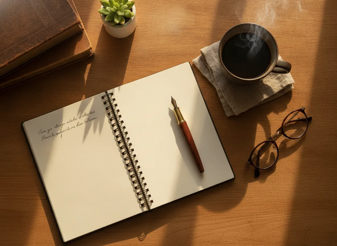 Flat lay of a wooden desk: open notebook, fountain pen, cup of black coffee, reading glasses, warm morning light