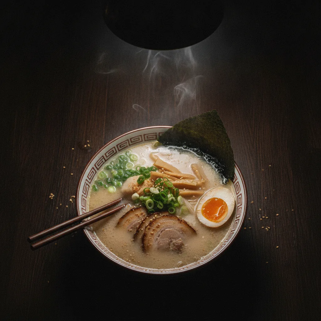 Overhead shot of a bowl of tonkotsu ramen on dark wood, steam rising, chopsticks resting on the rim, moody light