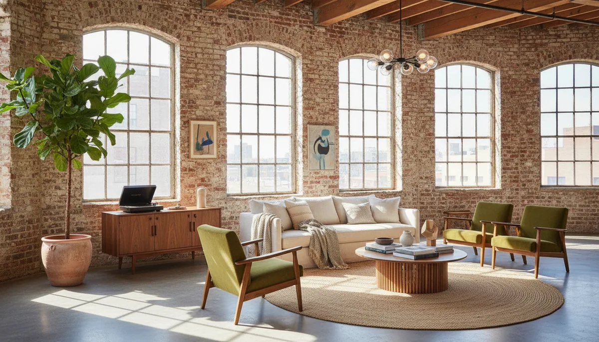Sunlit loft interior, exposed brick, linen sofa, large plant, mid-century furniture, architectural digest style