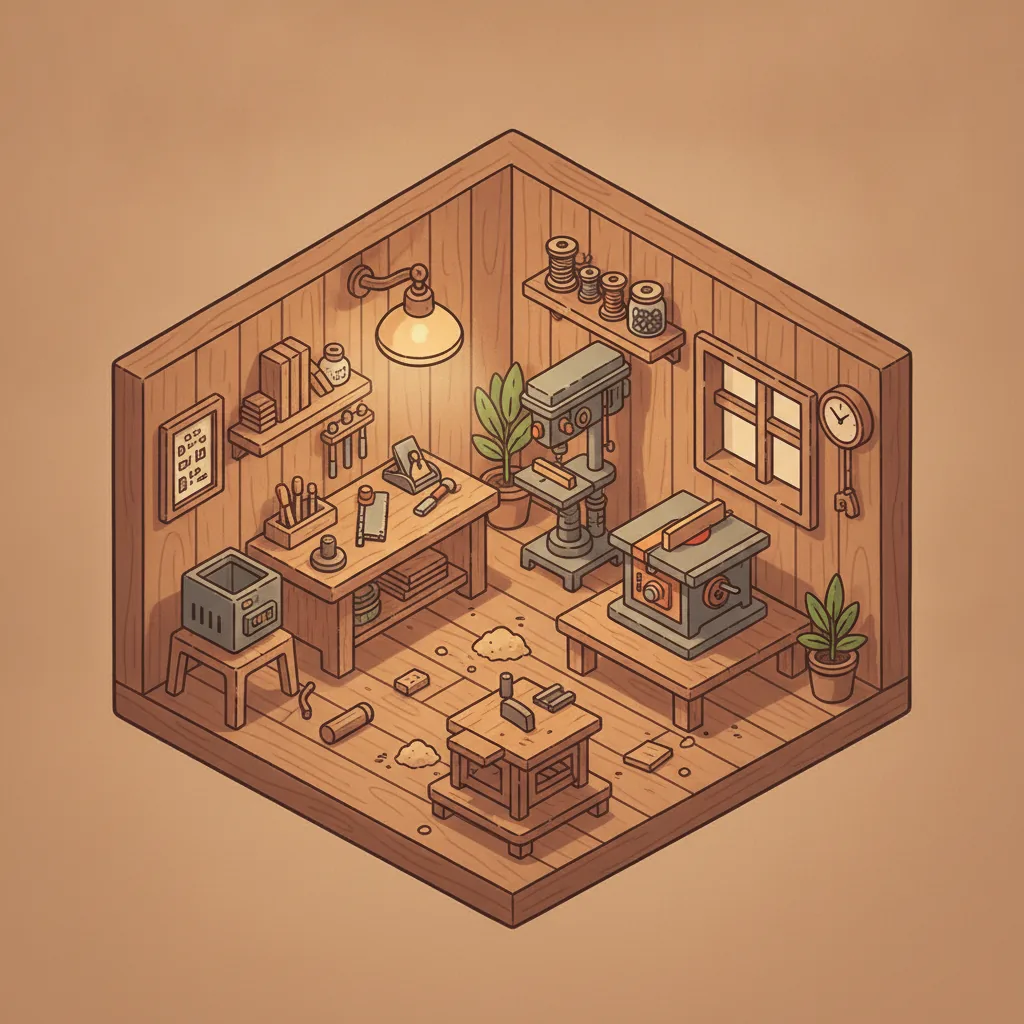 Isometric illustration of a tiny woodworking workshop, warm wood tones, soft ambient occlusion, clean vector style