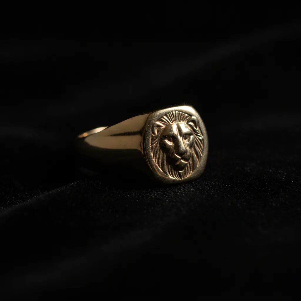 Macro shot of a gold signet ring on black velvet, single specular highlight, dark moody product lighting