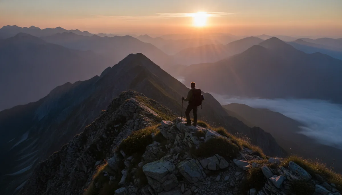 Lone hiker on a ridge at sunrise, layered mountain silhouettes fading into haze, backlit, small figure in frame