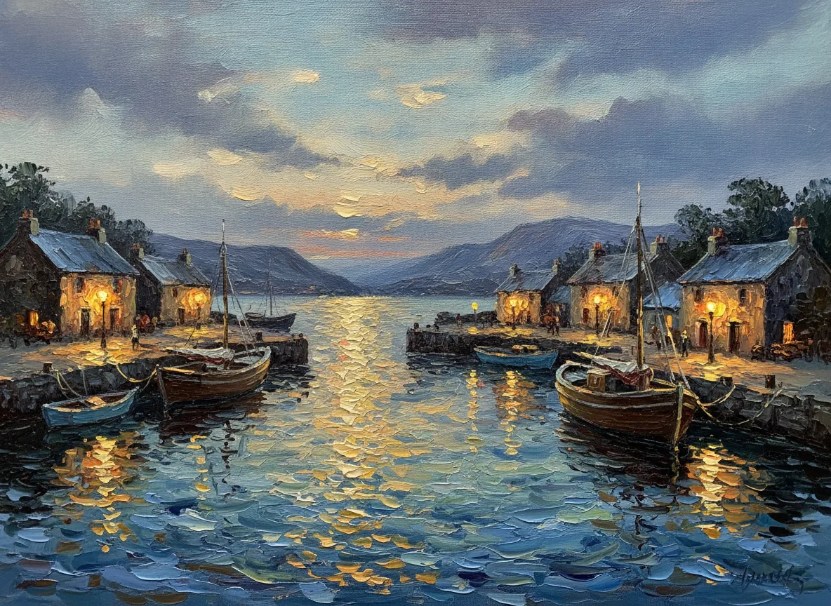 Oil painting of a small fishing harbour at dusk, thick impasto brush strokes, warm lamps against cool sky