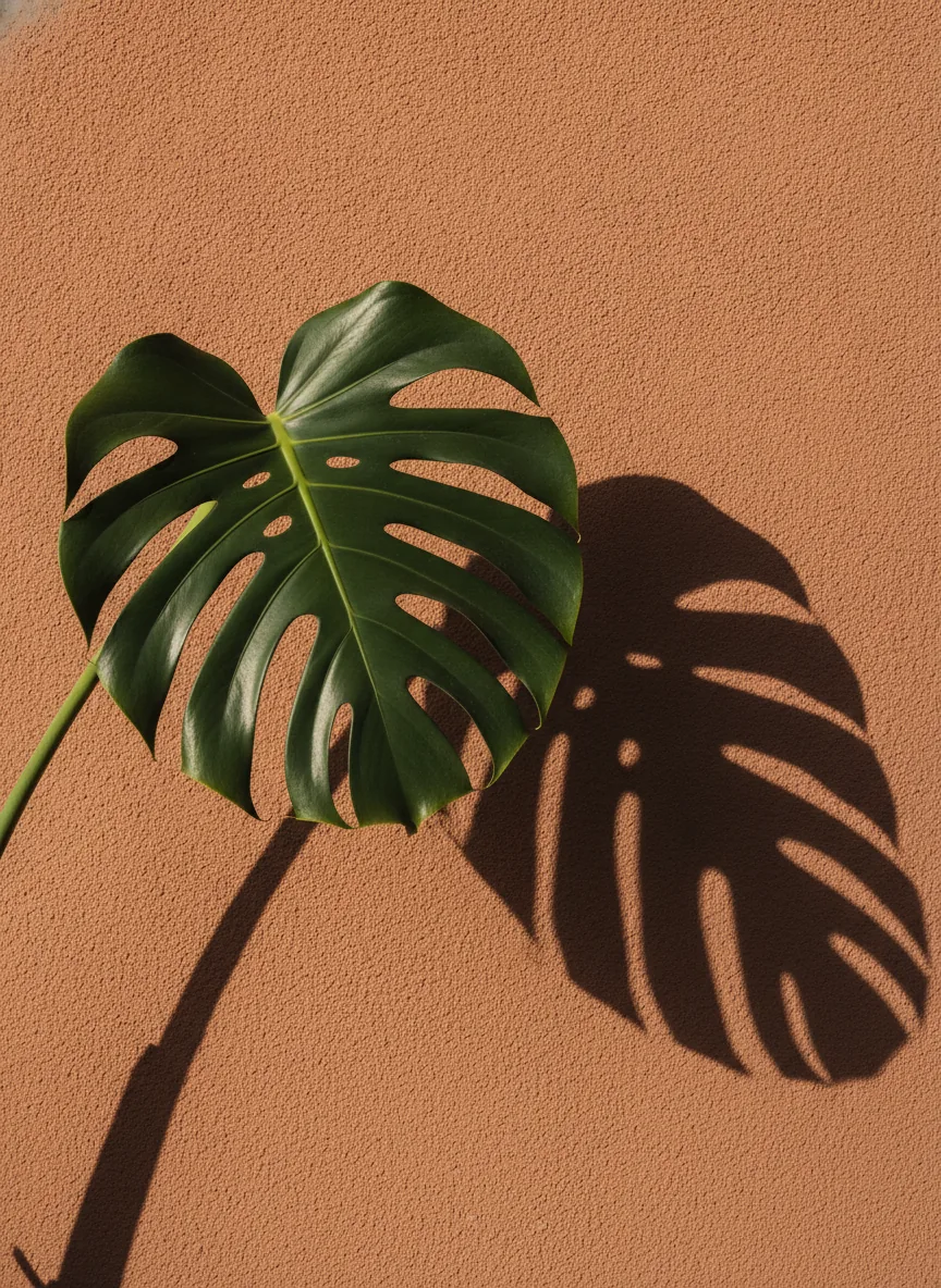 Single monstera leaf against a terracotta wall, hard afternoon sun, strong graphic shadow