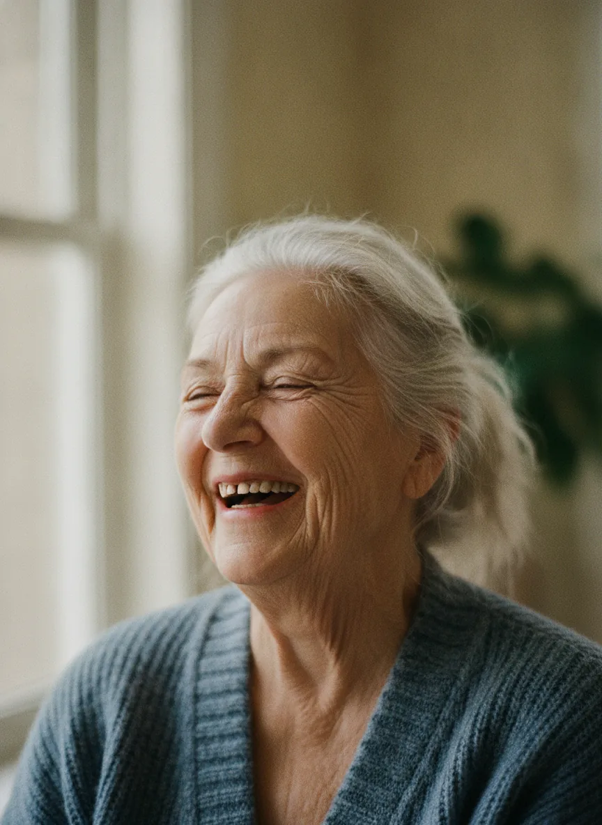 Close-up portrait of an older woman laughing, natural window light, film grain, 85mm lens, shallow depth of field