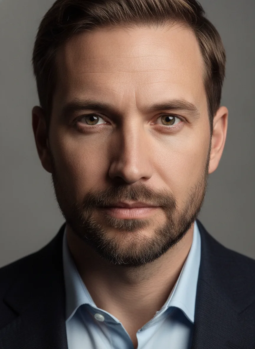 Studio headshot of a man in his thirties, soft key light from the left, neutral grey backdrop, sharp eyes