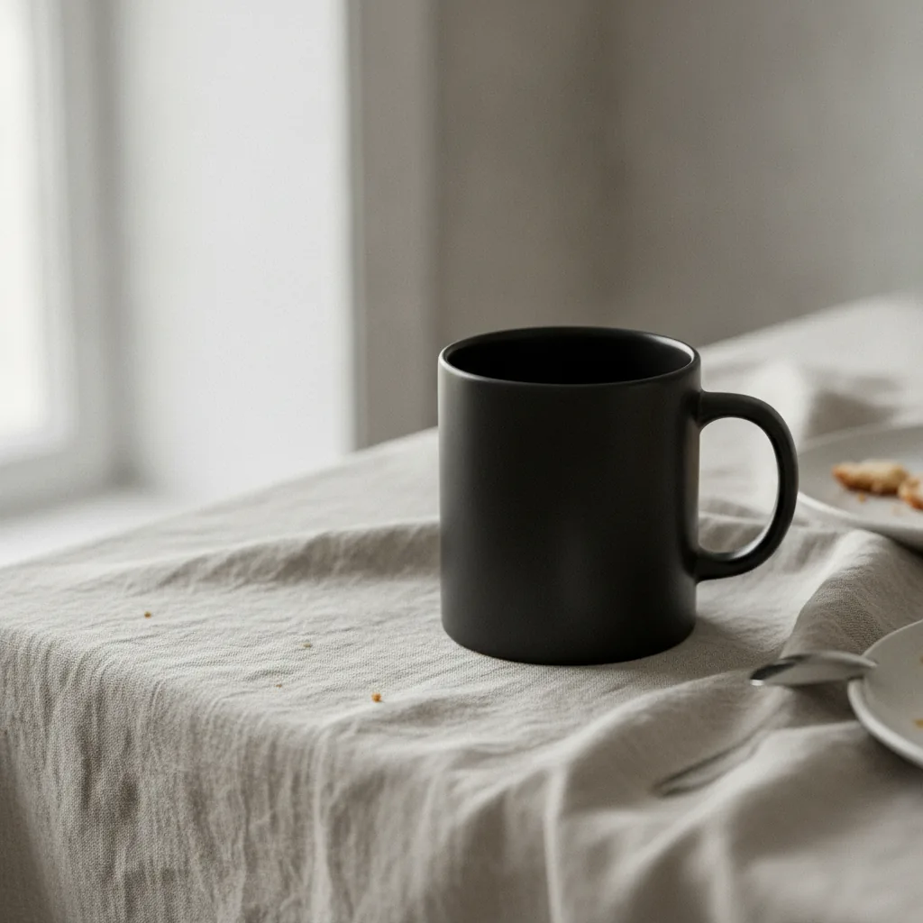 Matte black ceramic mug on pale linen, soft window light from the left, editorial product photography