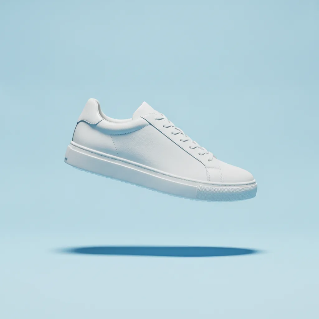 White leather sneaker floating on a seamless pastel blue background, hard studio light, crisp shadow