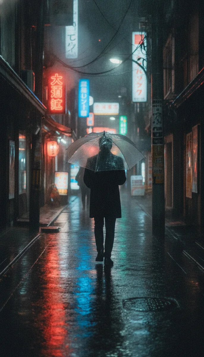 Rain-slick Tokyo alley at night, neon signs reflected in puddles, one figure with an umbrella, handheld feel