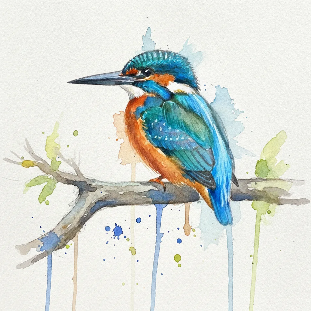 Loose watercolor painting of a kingfisher on a branch, colors bleeding at the edges, lots of bare white paper